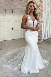 White Mermaid Wedding Dress Lace Backless-27dress