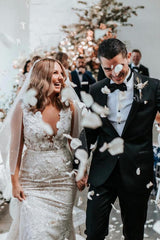 White Mermaid Wedding Dress V-Neck With Lace Appliques-27dress