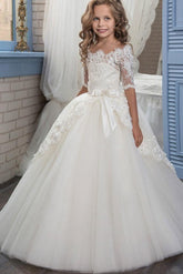 White Off The Shoulder 1/2 Sleeves Ball Gown Flower Girls Dress-27dress