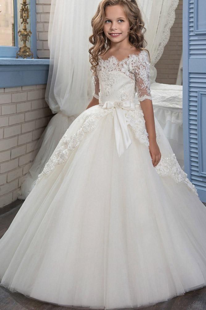 White Off The Shoulder 1/2 Sleeves Ball Gown Flower Girls Dress-27dress