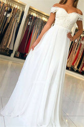 White Off-the-Shoulder Prom Dress Long Chiffon Party Gowns With Appliques-27dress