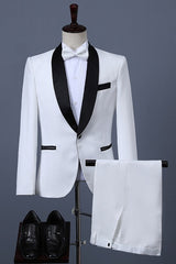 One Button Two Pieces White Prom Suits with Black Shawl Lapel