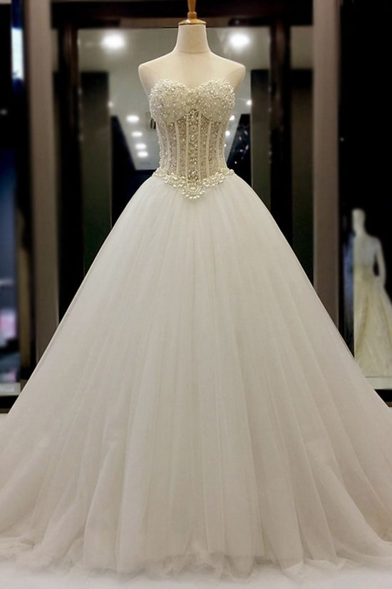 White Organza Pearl A-Line Wedding Dresses Sweetheart Beading Bridal Gowns On Sale-27dress