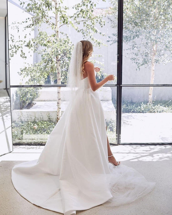 White Pure Satin Sweetheart Wedding Dress Long With Split-27dress