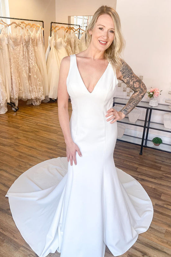 White Satin Wedding Dress Mermaid Open Back-27dress