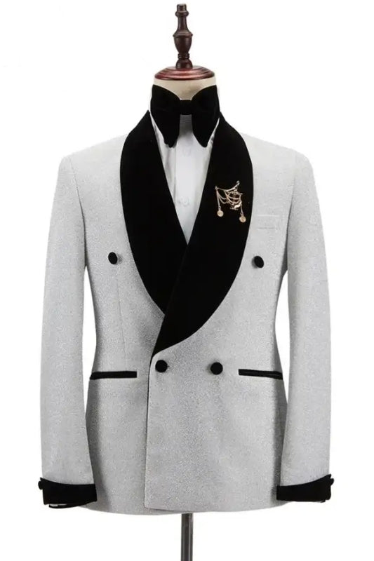 Sequins Double Breasted White Wedding Suits With Black Velvet Lapel