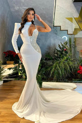 White Sequins Long Sleeve High Neck Mermaid Prom Dress One Shoulder