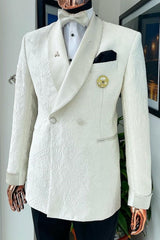 Shawl Lapel Double Breasted Jacquard White Wedding Suits