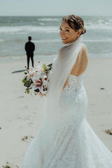 White Strapless Wedding Dresses Mermaid Lace Appliques-27dress