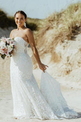 White Strapless Wedding Dresses Mermaid Lace Appliques-27dress