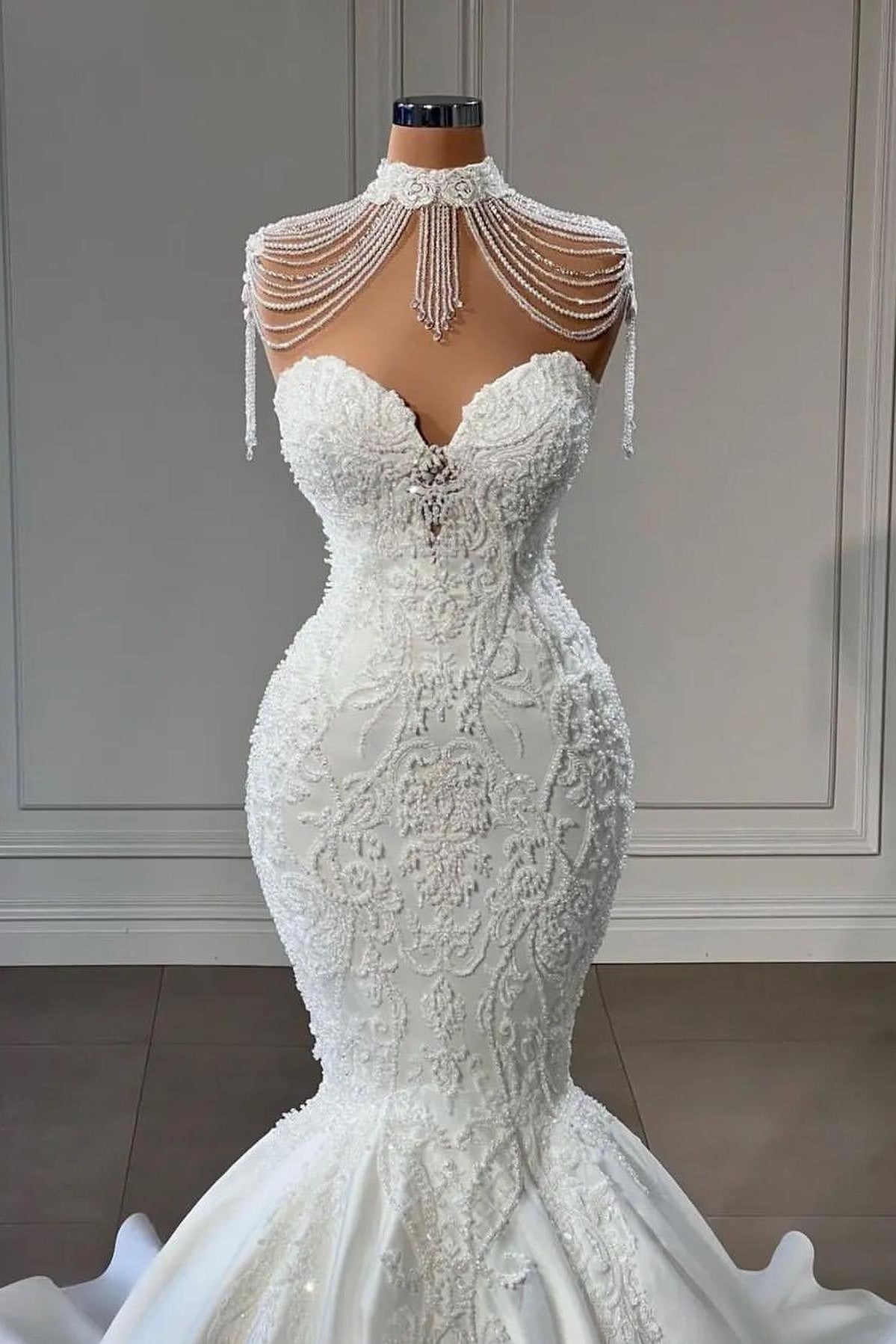 White Sweetheart Wedding Dress Mermaid Lace Long-27dress