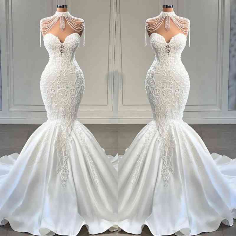 White Sweetheart Wedding Dress Mermaid Lace Long-27dress