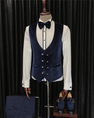 Three Pieces Jacquard White Wedding Suits With Navy Blue Shawl Lapel