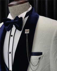 Three Pieces Jacquard White Wedding Suits With Navy Blue Shawl Lapel