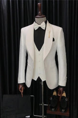 Three Pieces Shawl Lapel Jacquard White Wedding Suits For Men