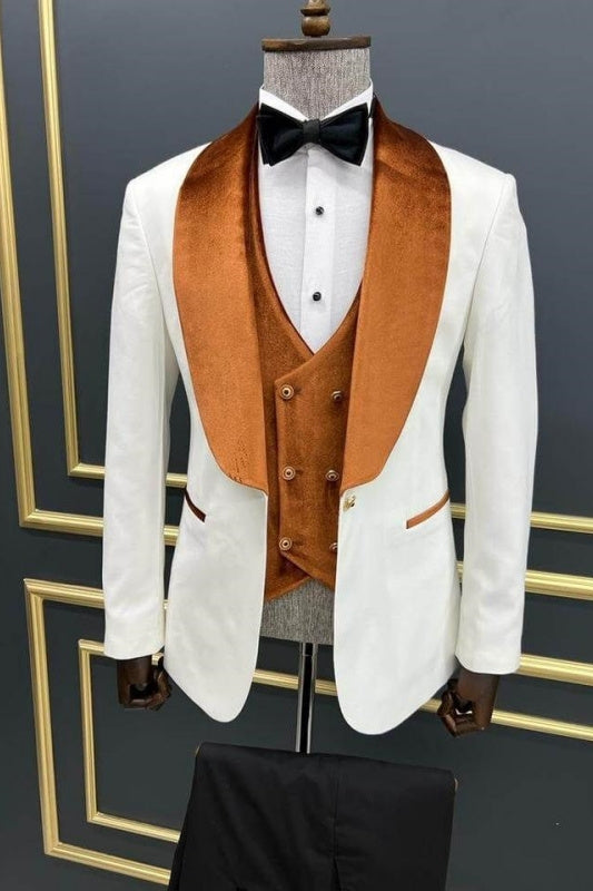 Three Pieces White Wedding Suits With Brown Shawl Lapel