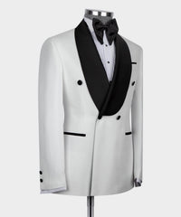 Two Pieces Double Breasted White Wedding Suits With Black Shawl Lapel
