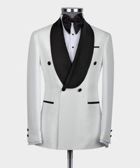 Two Pieces Double Breasted White Wedding Suits With Black Shawl Lapel