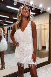 White V-Neck Backless Tight Short Homecoming Dress with Fringes-27dress
