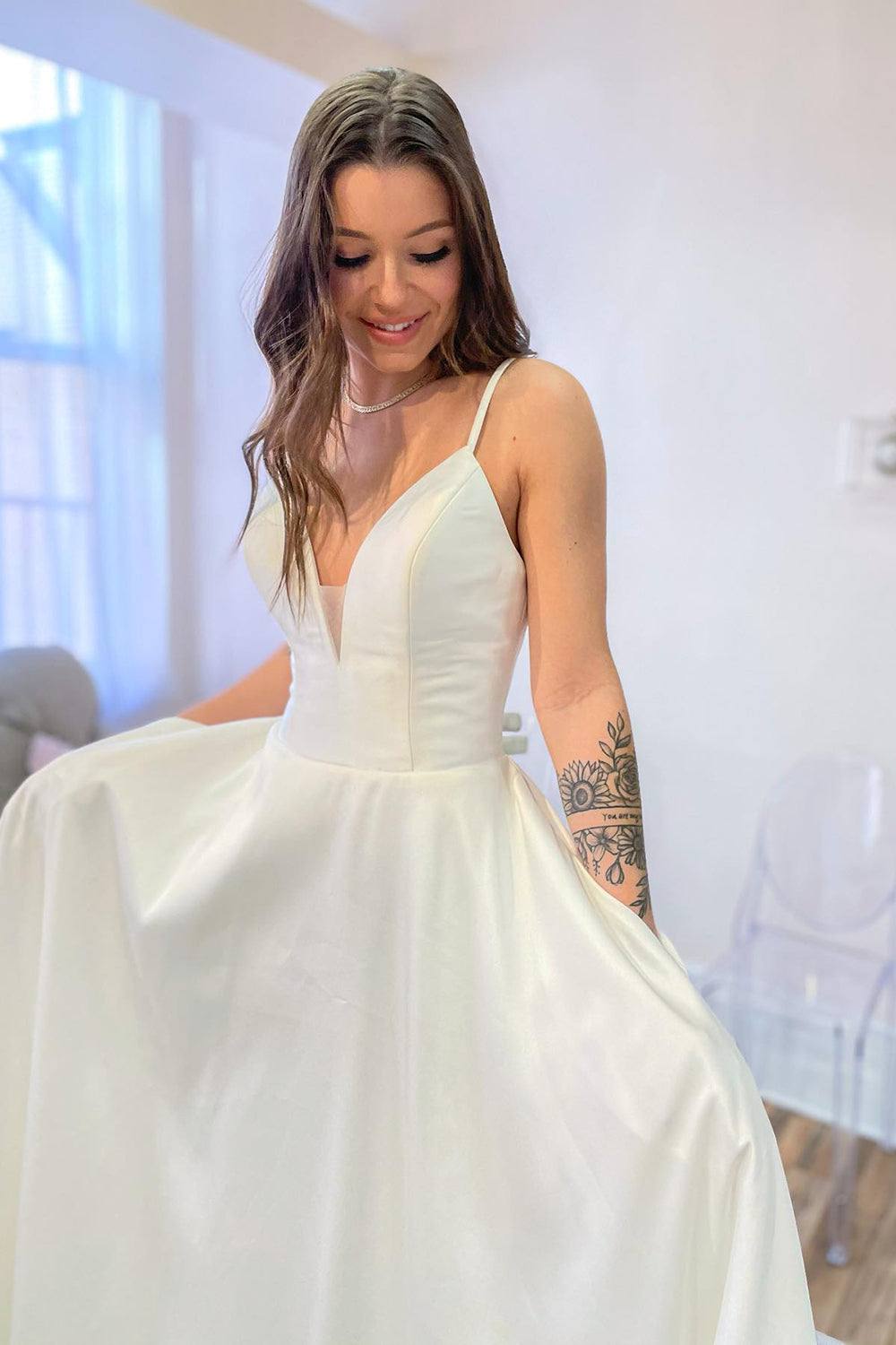 White Wedding Dress Satin Sleeveless Long Satin-27dress