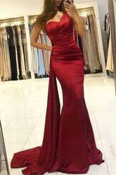 Wine Red Sleeveless Mermaid One Shoulder Pleated Prom Dress With Ruffles