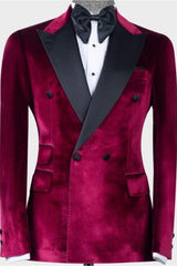 Wine Velvet Peaked Lapel Double Breasted Prom Suits