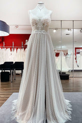 Women Sleeveless Tulle Lace Backless A-Line Wedding Dresses-27dress