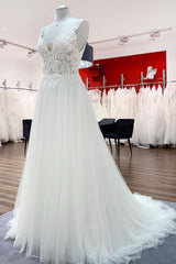 Women Tulle V Neck Sleeveless Ruffles Wedding Dresses With Lace-27dress