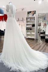 Women Tulle V Neck Sleeveless Ruffles Wedding Dresses With Lace-27dress