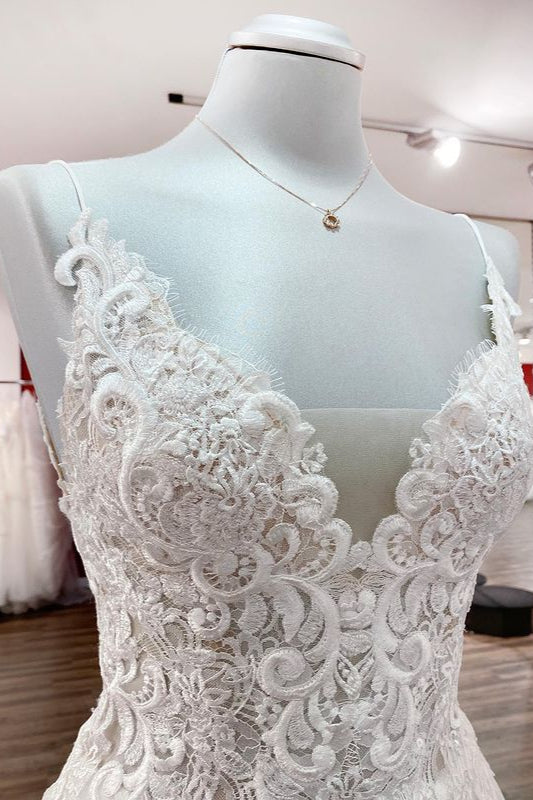 Women Tulle V Neck Sleeveless Ruffles Wedding Dresses With Lace-27dress
