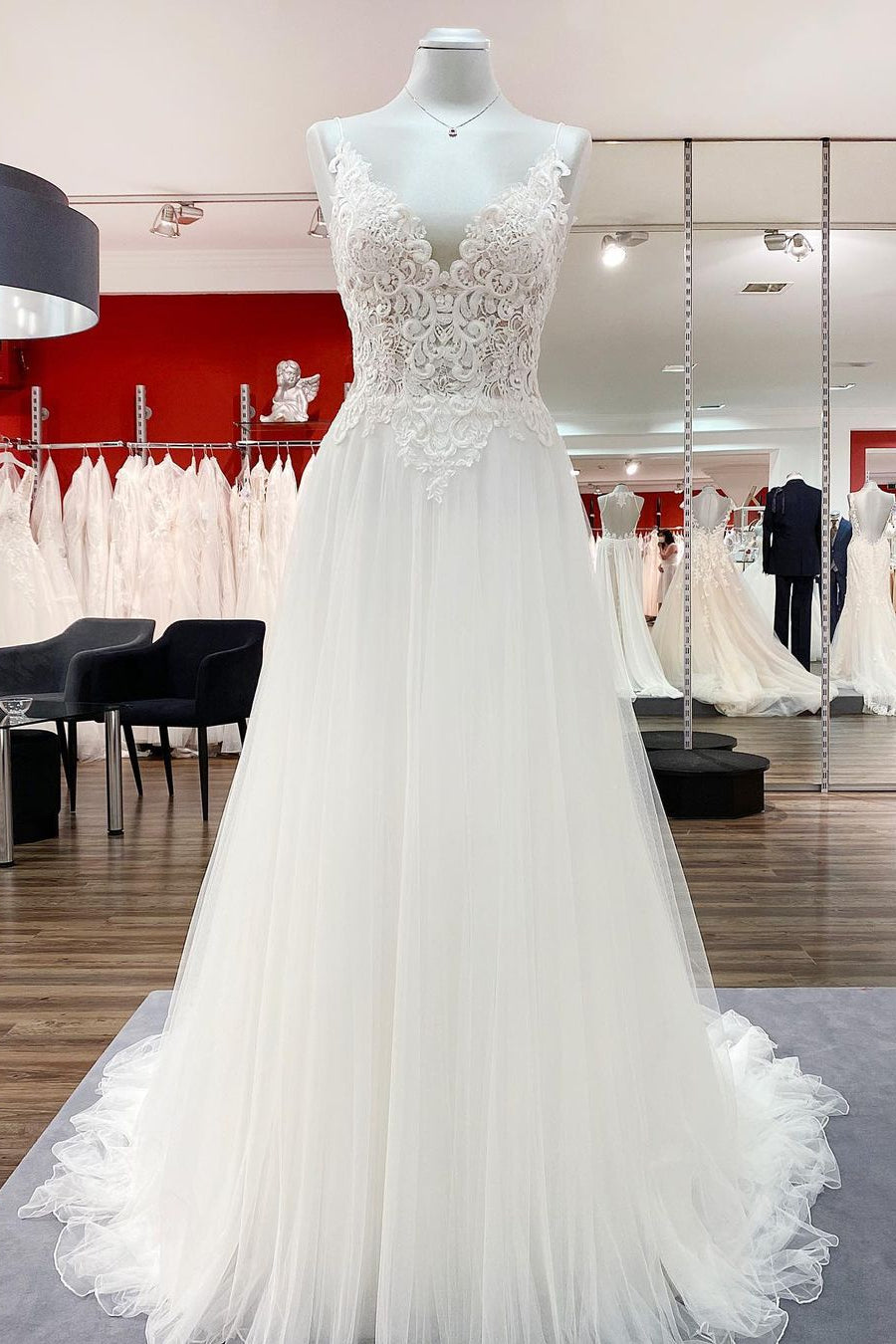 Women Tulle V Neck Sleeveless Ruffles Wedding Dresses With Lace-27dress