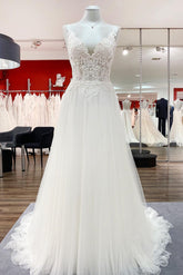 Women Tulle V Neck Sleeveless Ruffles Wedding Dresses With Lace-27dress
