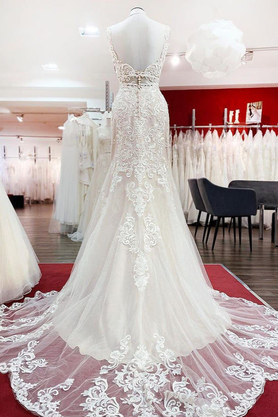 Wonderful Sleeveless Tulle Ivory Lace Backless Mermaid Wedding Dresses-27dress