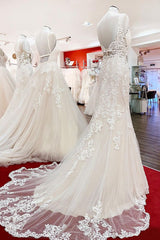 Wonderful Sleeveless Tulle Ivory Lace Backless Mermaid Wedding Dresses-27dress