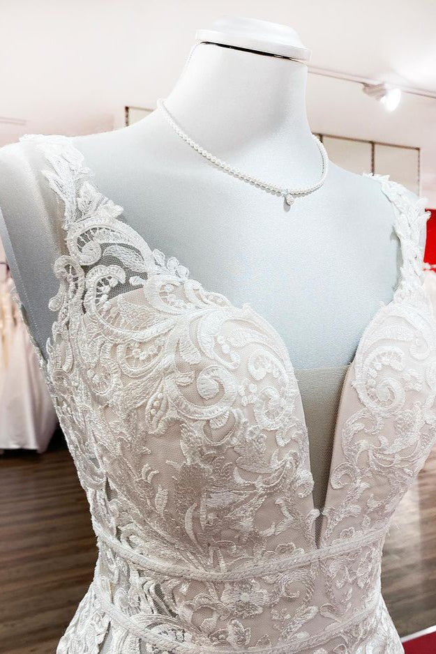 Wonderful Sleeveless Tulle Ivory Lace Backless Mermaid Wedding Dresses-27dress