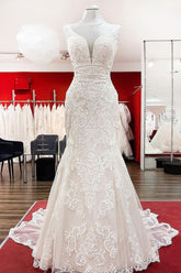 Wonderful Sleeveless Tulle Ivory Lace Backless Mermaid Wedding Dresses-27dress