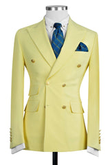 Fashion Double Breasted Peaked Lapel Men Yellow Prom Suits
