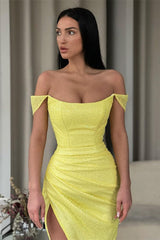 Yellow Long Off-the-Shoulder Sequined Mermaid Prom Dress with Split-27dress
