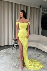 Yellow Long Off-the-Shoulder Sequined Mermaid Prom Dress with Split-27dress
