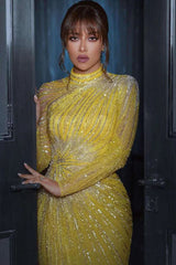 Yellow Long Sleeves Sequined Mermaid Long Prom Dress with Beaded-27dress