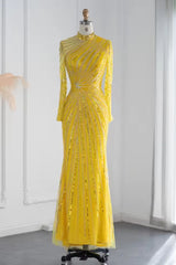 Yellow Long Sleeves Sequined Mermaid Long Prom Dress with Beaded-27dress