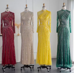 Yellow Long Sleeves Sequined Mermaid Long Prom Dress with Beaded-27dress