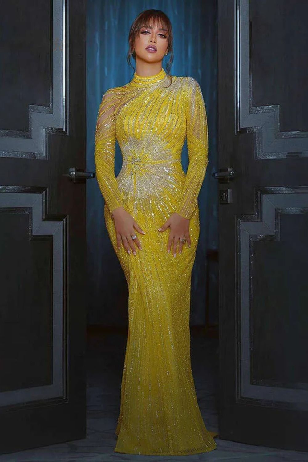 Yellow Long Sleeves Sequined Mermaid Long Prom Dress with Beaded-27dress
