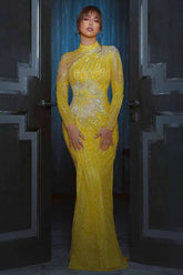 Yellow Long Sleeves Sequined Mermaid Long Prom Dress with Beaded-27dress