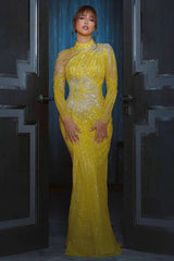 Yellow Long Sleeves Sequined Mermaid Long Prom Dress with Beaded-27dress