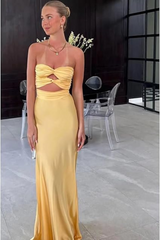 Yellow Sweetheart Strapless Sheath Long Prom Dress-27dress