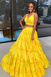Yellow V-Neck Ruffle A-Line Two Piece Prom Dress