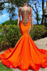 Orange Deep V-Neck Mermaid Long Prom Dress with Rhinestones
