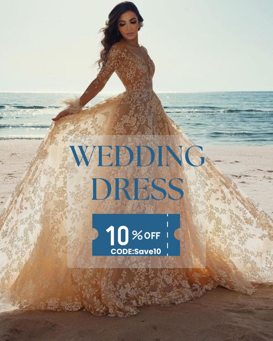 Elegant lace beach wedding dresses worn by bride posing on sandy shore with ocean background