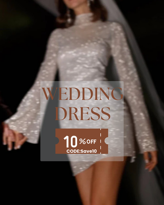Woman wearing a stylish mini wedding dress with long lace sleeves and high neckline at night